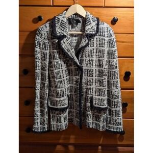 St John Knit Blazer Size 8 Black White Tweed Fringe Santana Knit Saks Fifth Ave